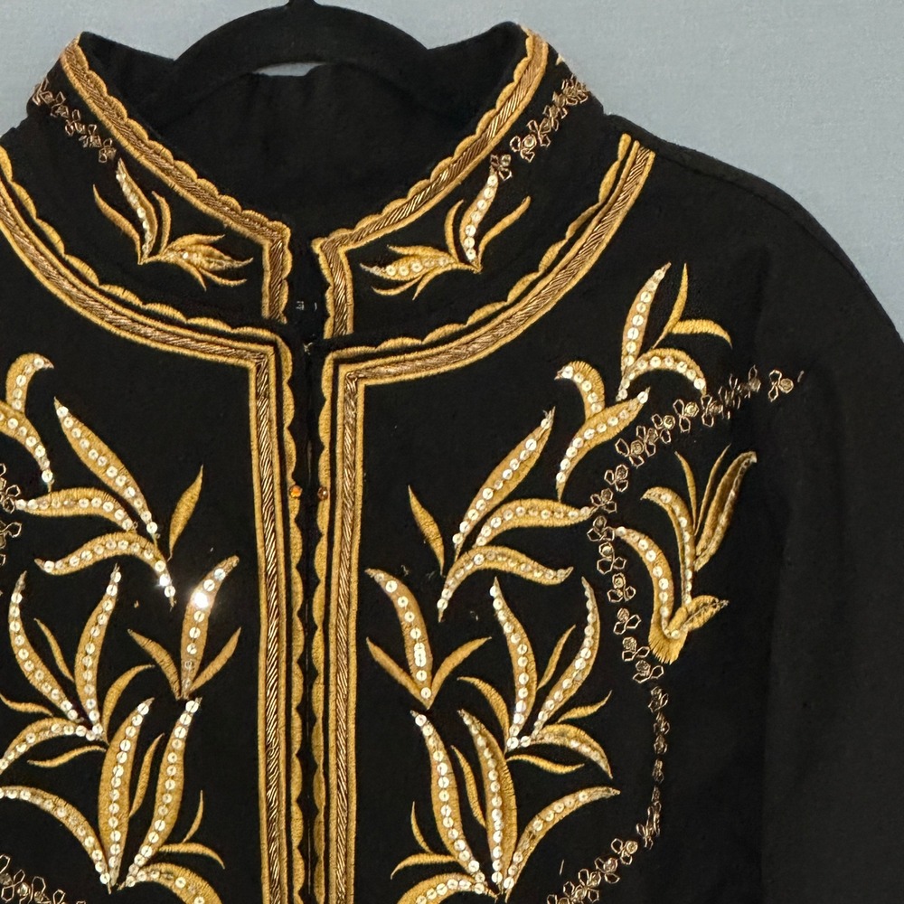Giclee Womens Jacket Plus 2X Black Gold Embroidered Sequin Mandarin Royal Ornate - Picture 3 of 10